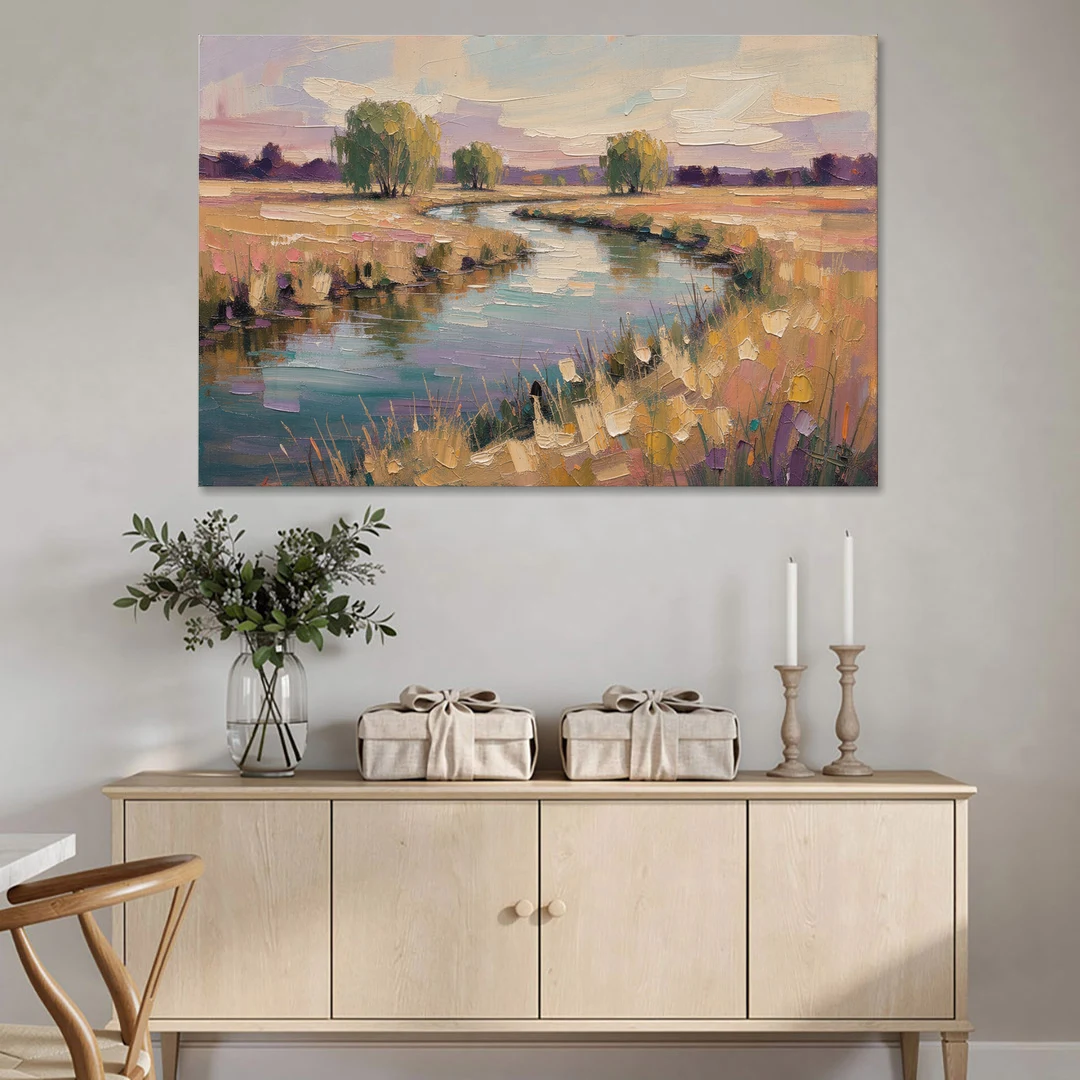 Creek Painting Winding Through a Summer Meadow - Canvas Wall Art - Coffee Table - 60x40