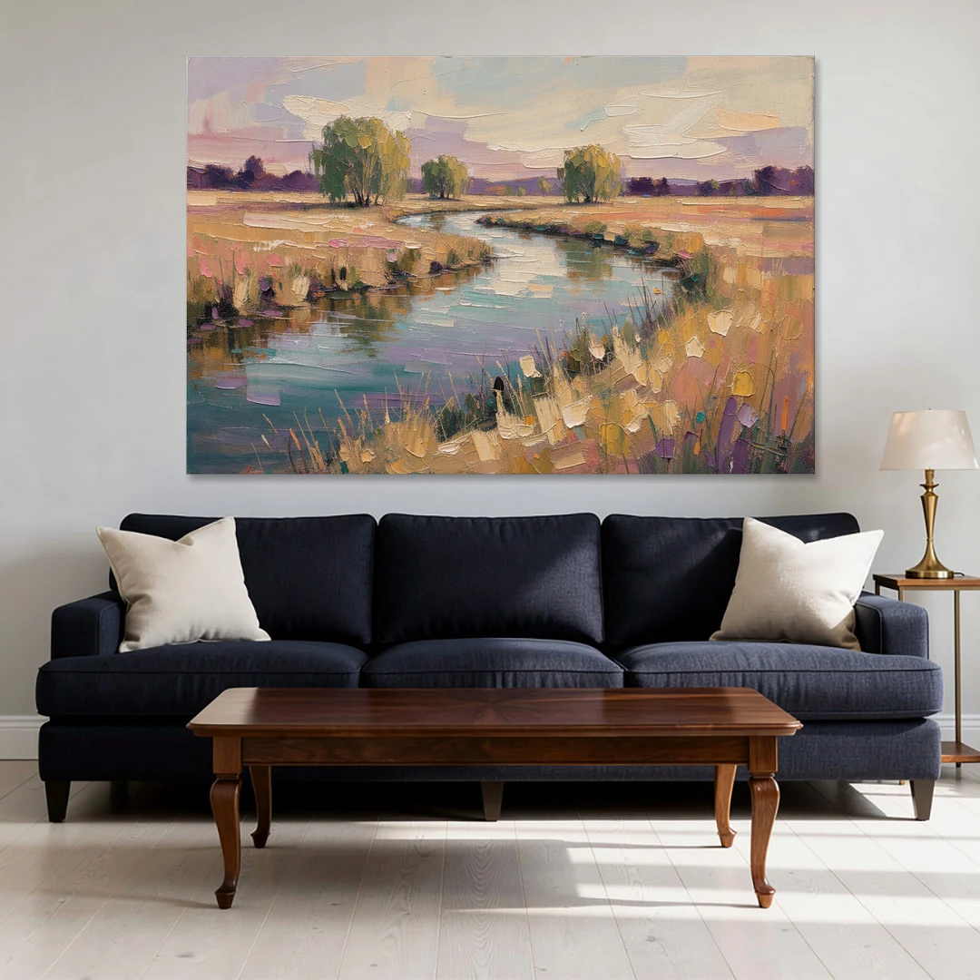 Creek Painting Winding Through a Summer Meadow - Canvas Wall Art - Sofa - 60x40