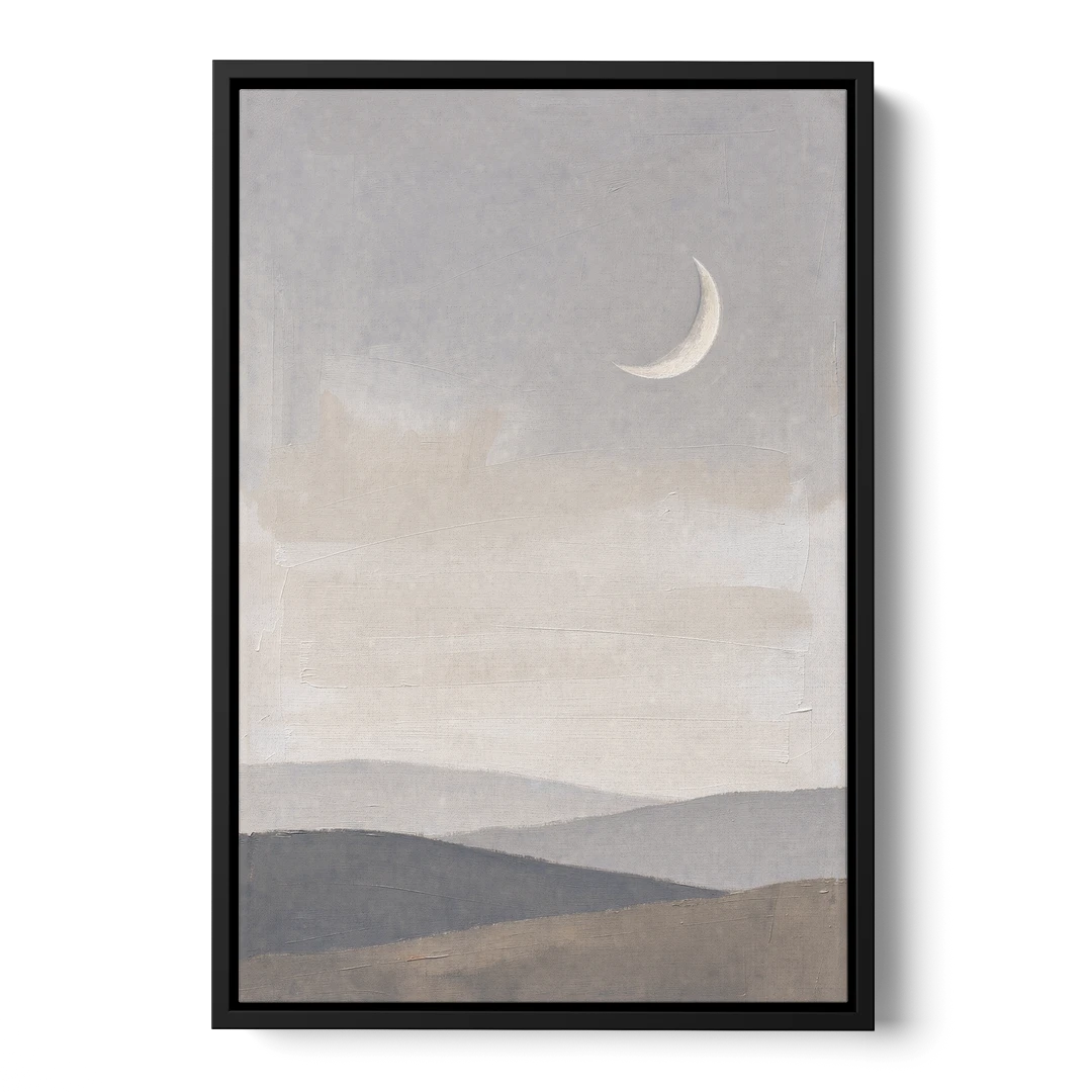 Crescent Moon Above Hazy Gray Hills - Black Framed Canvas Wall Art - Front