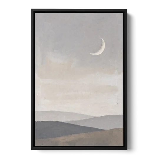 Crescent Moon Above Hazy Gray Hills - Black Framed Canvas Wall Art - Front