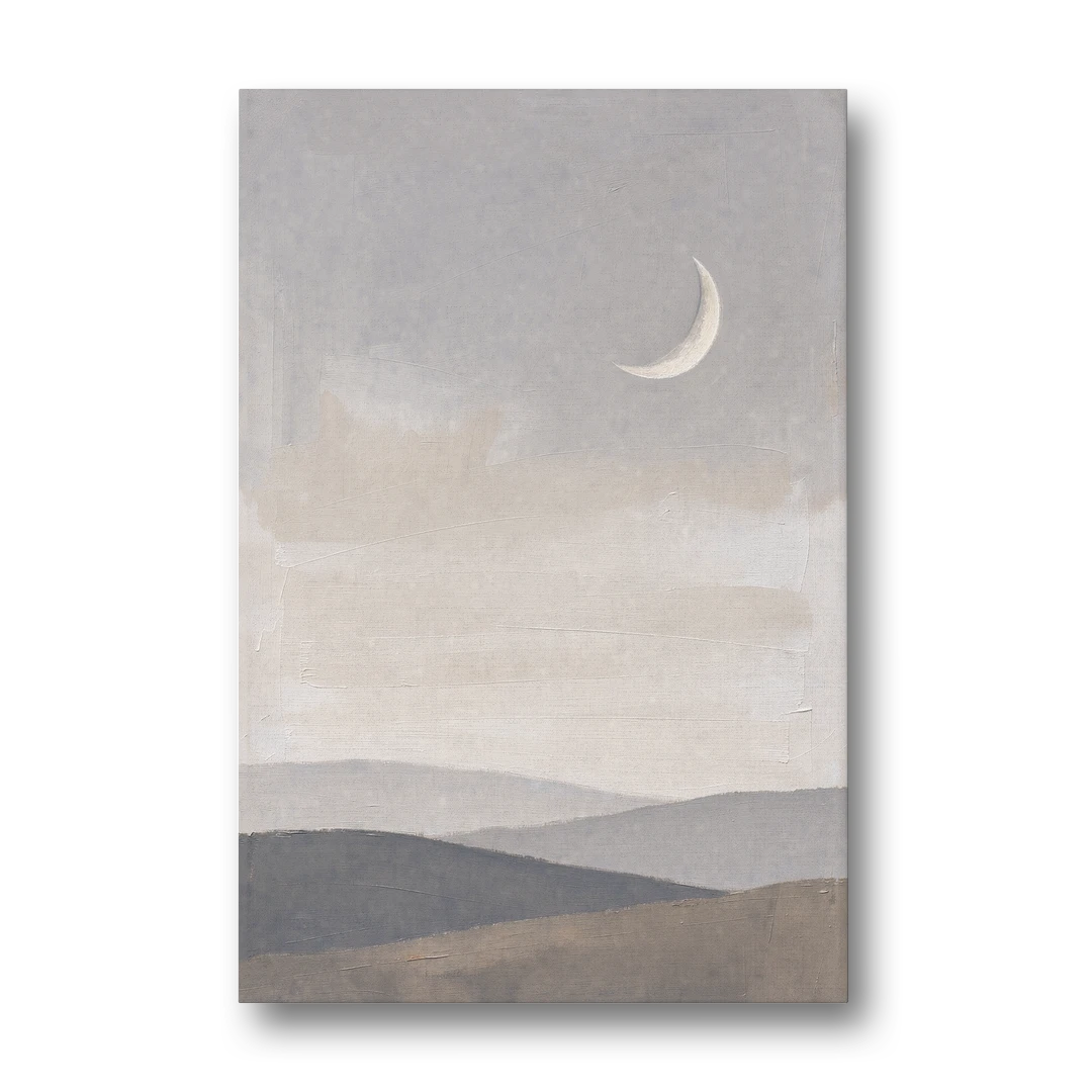 Crescent Moon Above Hazy Gray Hills - Canvas Wall Art - Front