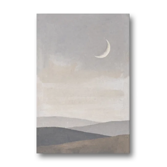 Crescent Moon Above Hazy Gray Hills - Canvas Wall Art - Front