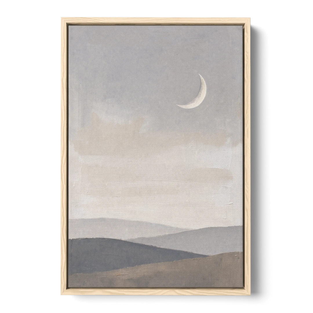 Crescent Moon Above Hazy Gray Hills - Oak Framed Canvas Wall Art - Front