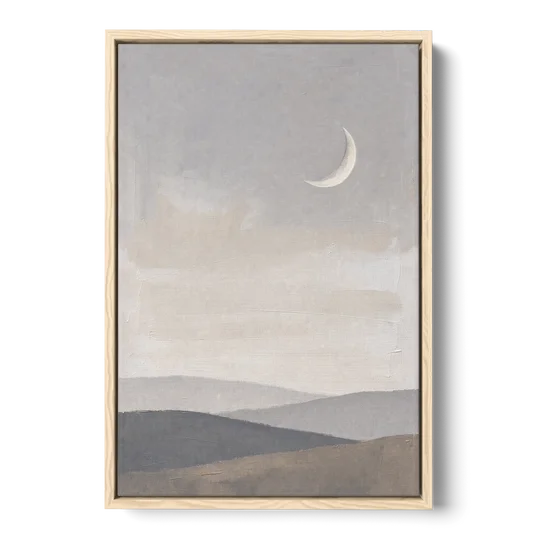 Crescent Moon Above Hazy Gray Hills - Oak Framed Canvas Wall Art - Front