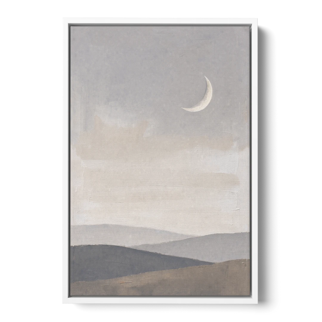 Crescent Moon Above Hazy Gray Hills - White Framed Canvas Wall Art - Front