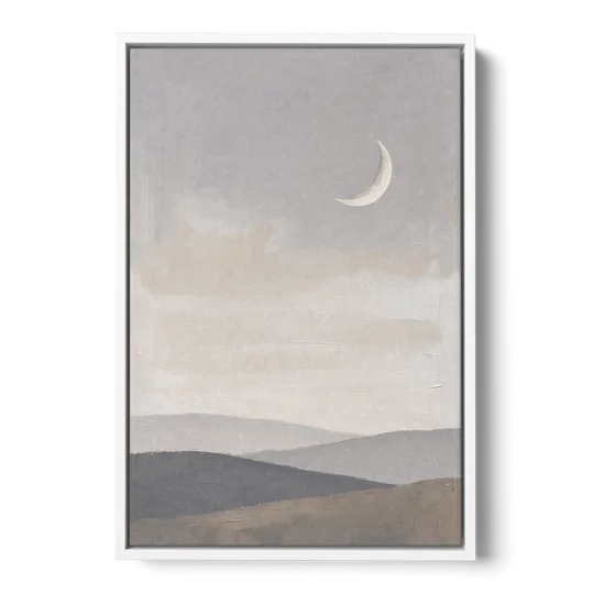 Crescent Moon Above Hazy Gray Hills - White Framed Canvas Wall Art - Front