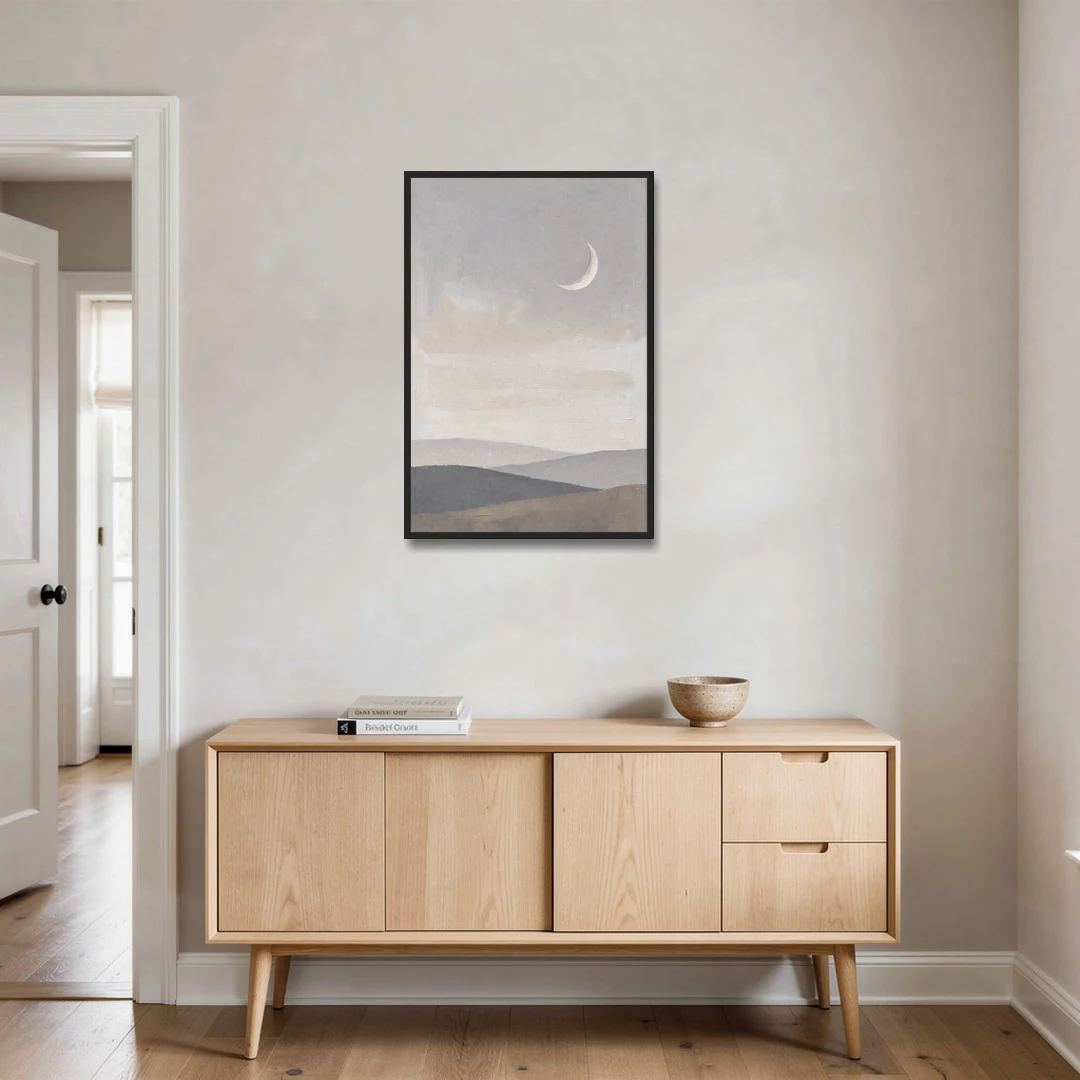 Crescent Moon Above Hazy Gray Hills - Black Framed Canvas Wall Art - Coffee Table - 24x36