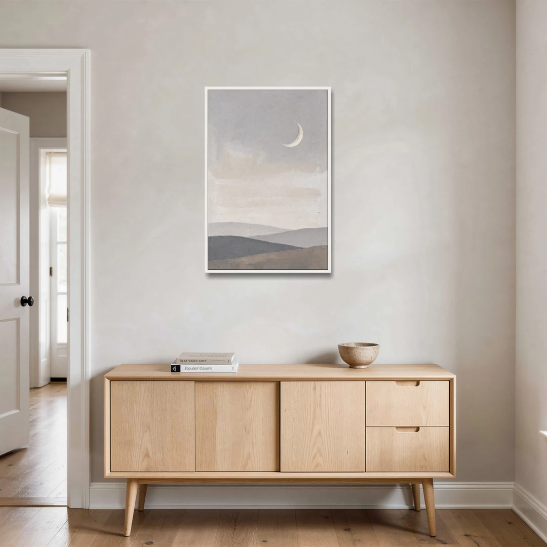 Crescent Moon Above Hazy Gray Hills - White Framed Canvas Wall Art - Coffee Table - 24x36