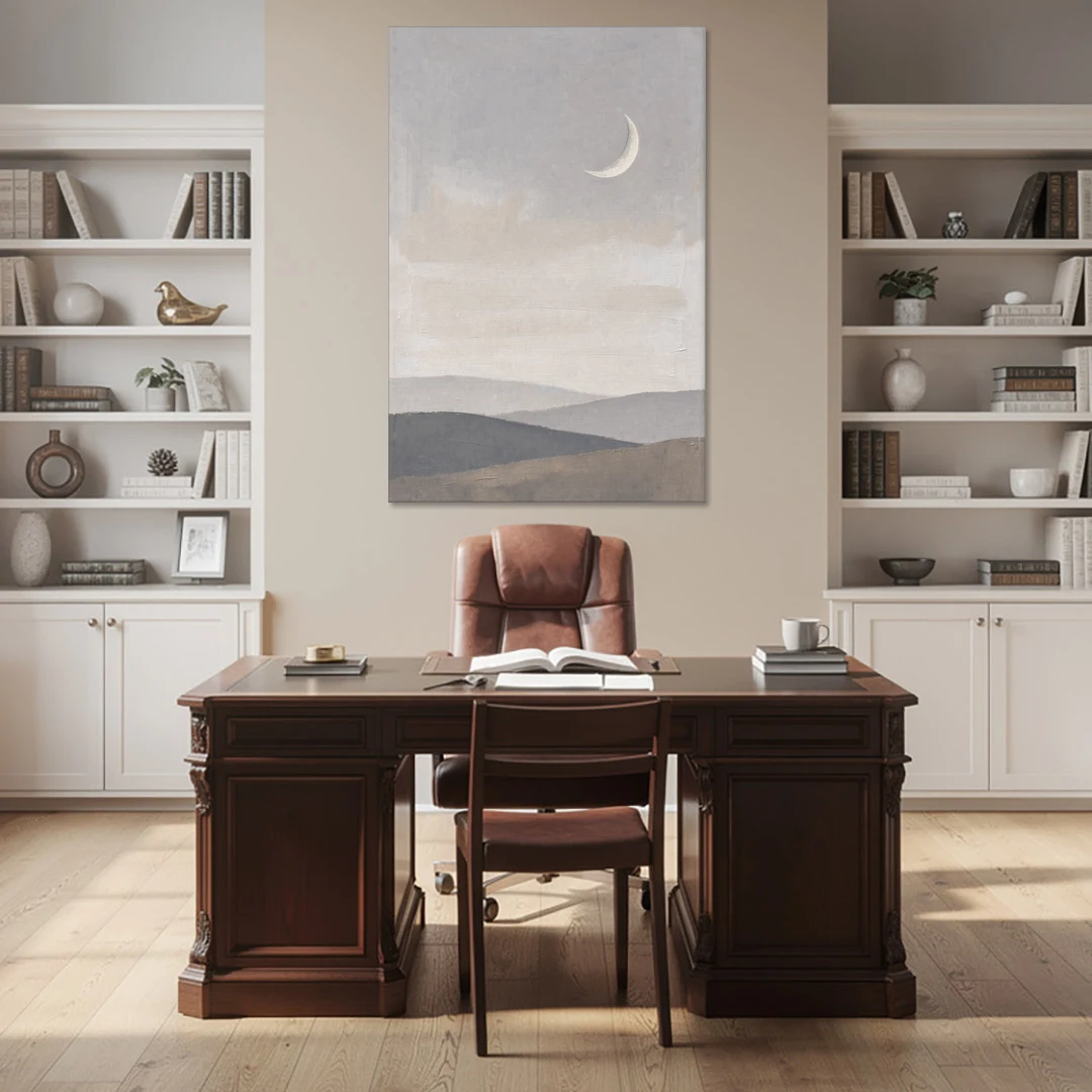 Crescent Moon Above Hazy Gray Hills - Canvas Wall Art - Office - 40x60