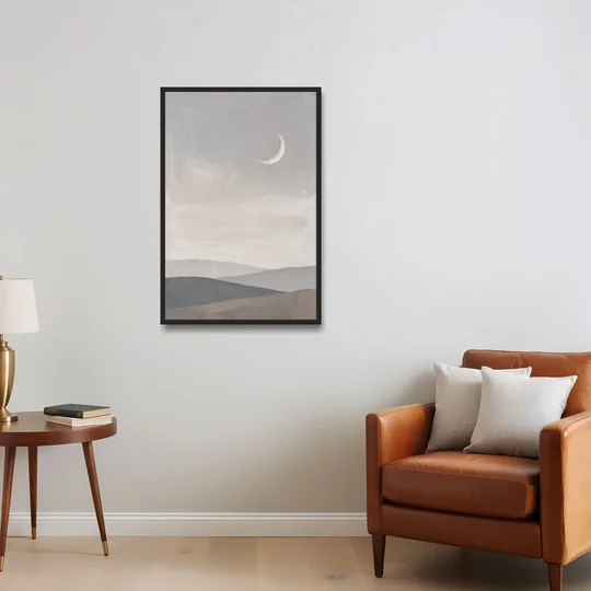 Crescent Moon Above Hazy Gray Hills - Black Framed Canvas Wall Art - Sofa - 24x36