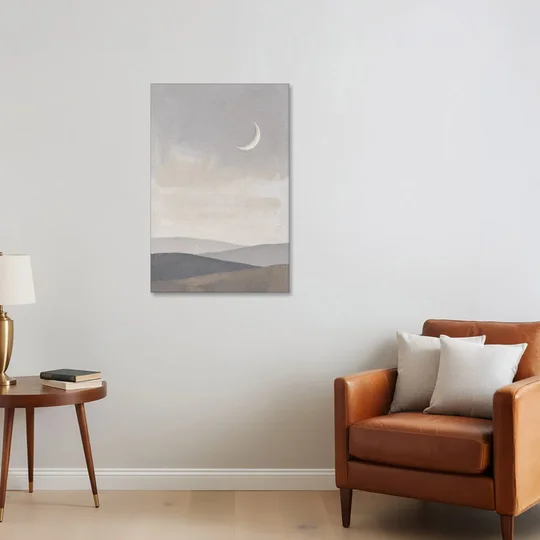Crescent Moon Above Hazy Gray Hills - Canvas Wall Art - Sofa - 24x36
