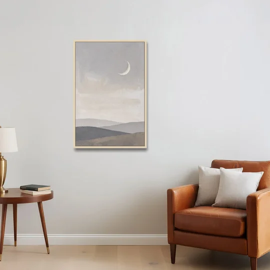 Crescent Moon Above Hazy Gray Hills - Oak Framed Canvas Wall Art - Sofa - 24x36