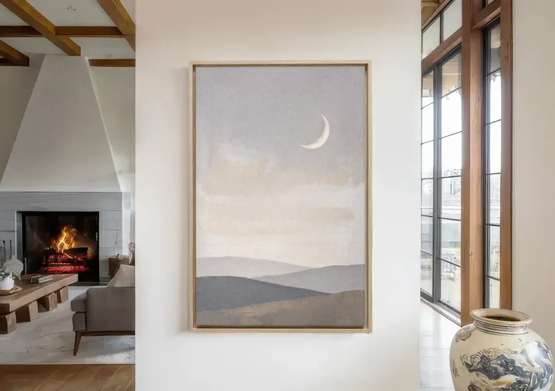 Crescent Moon Above Hazy Gray Hills canvas wall art in a living room with a fireplace