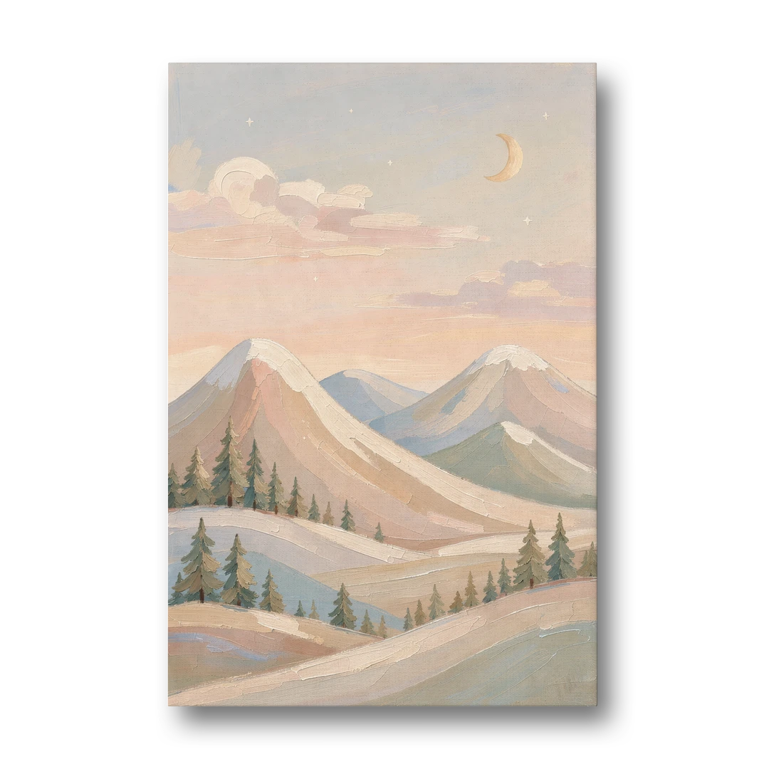 Crescent Moon Over Pastel Mountains for the Nursery - Canvas Wall Art - Front