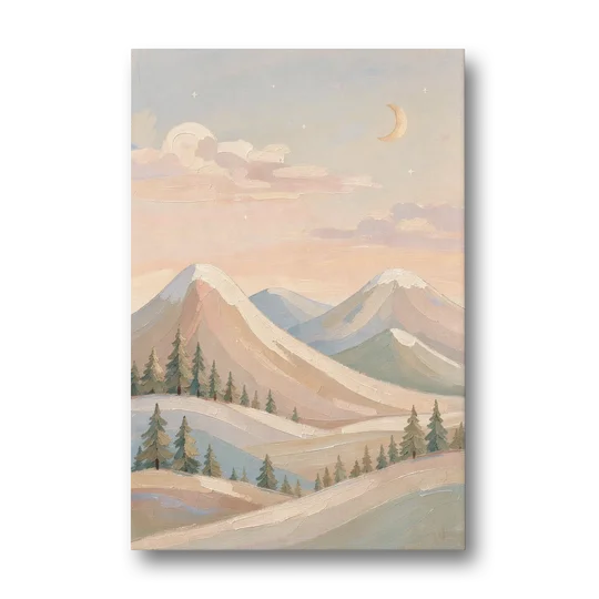 Crescent Moon Over Pastel Mountains for the Nursery - Canvas Wall Art - Front