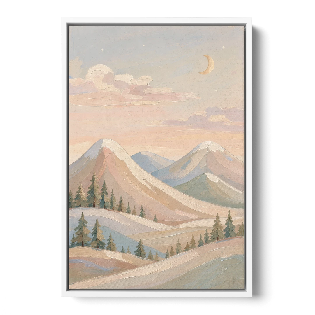Crescent Moon Over Pastel Mountains for the Nursery - White Framed Canvas Wall Art - Front