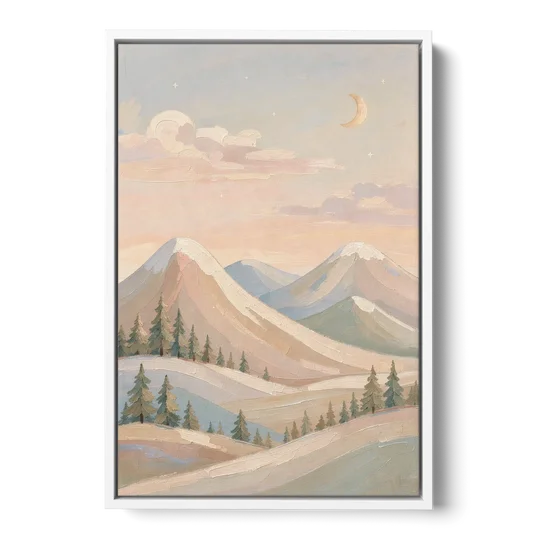 Crescent Moon Over Pastel Mountains for the Nursery - White Framed Canvas Wall Art - Front