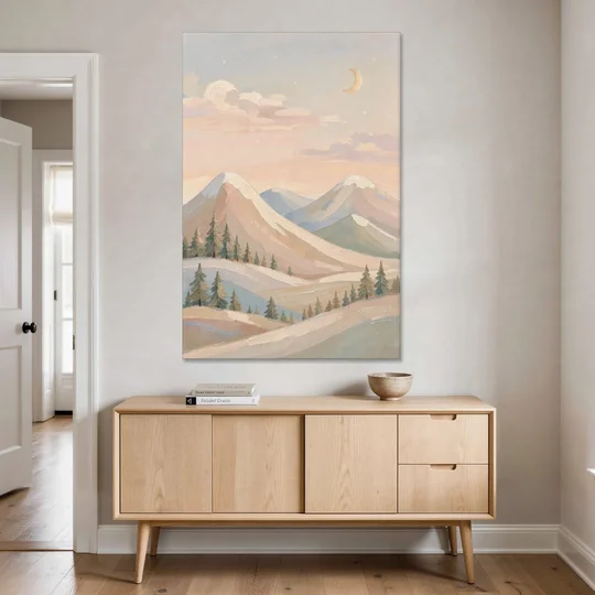 Crescent Moon Over Pastel Mountains for the Nursery - Canvas Wall Art - Coffee Table - 40x60