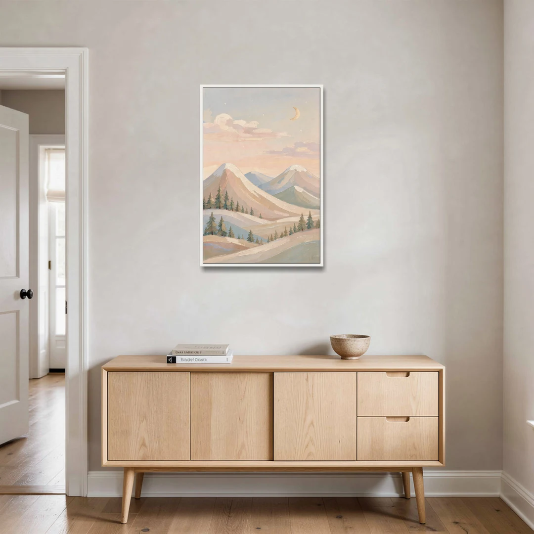 Crescent Moon Over Pastel Mountains for the Nursery - White Framed Canvas Wall Art - Coffee Table - 24x36