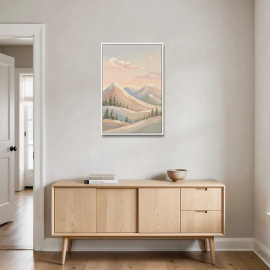 Crescent Moon Over Pastel Mountains for the Nursery - White Framed Canvas Wall Art - Coffee Table - 24x36