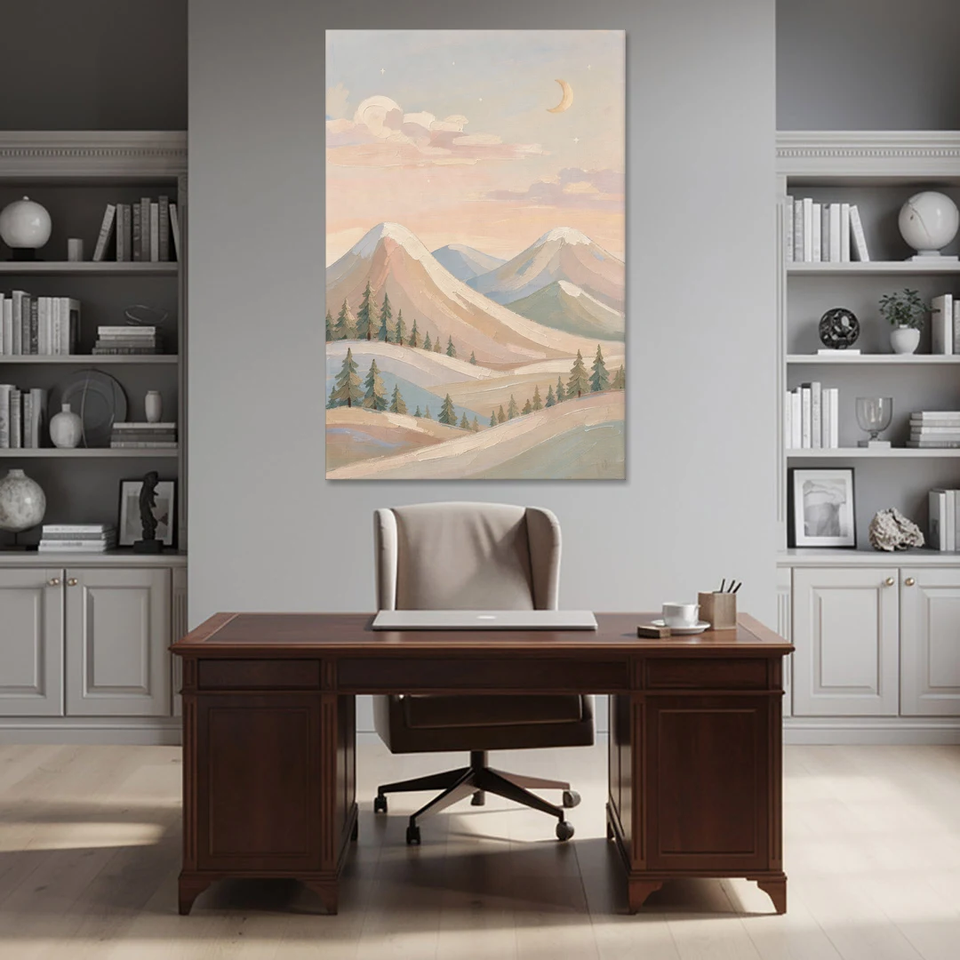 Crescent Moon Over Pastel Mountains for the Nursery - Canvas Wall Art - Office - 40x60
