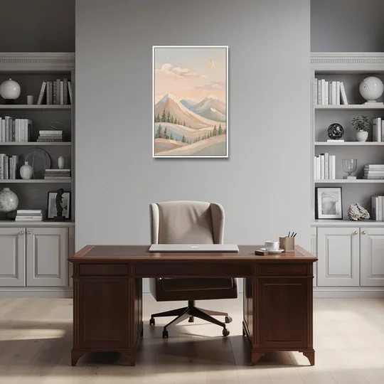 Crescent Moon Over Pastel Mountains for the Nursery - White Framed Canvas Wall Art - Office - 24x36
