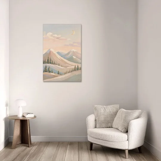 Crescent Moon Over Pastel Mountains for the Nursery - Canvas Wall Art - Sofa - 24x36