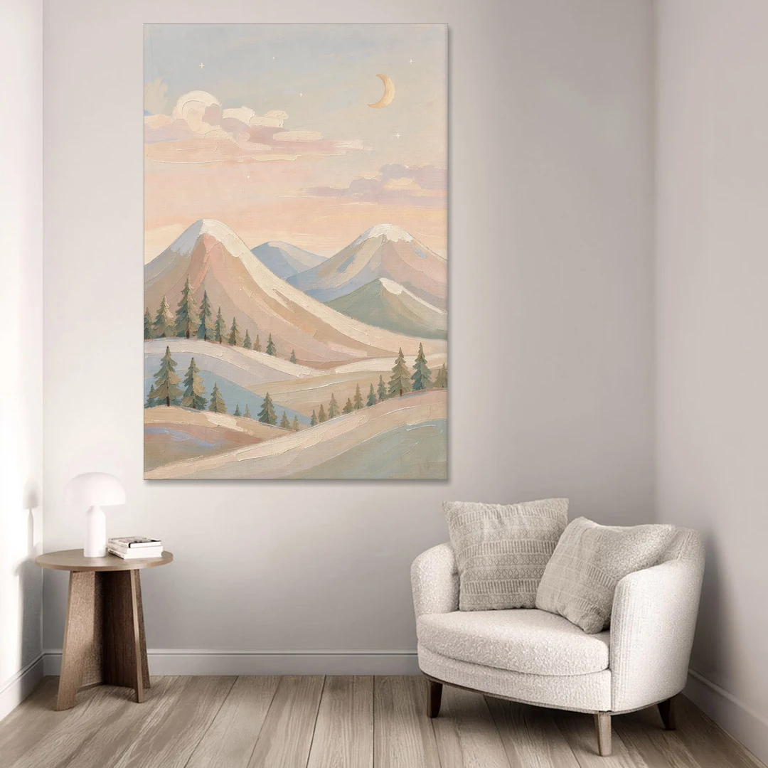 Crescent Moon Over Pastel Mountains for the Nursery - Canvas Wall Art - Sofa - 40x60