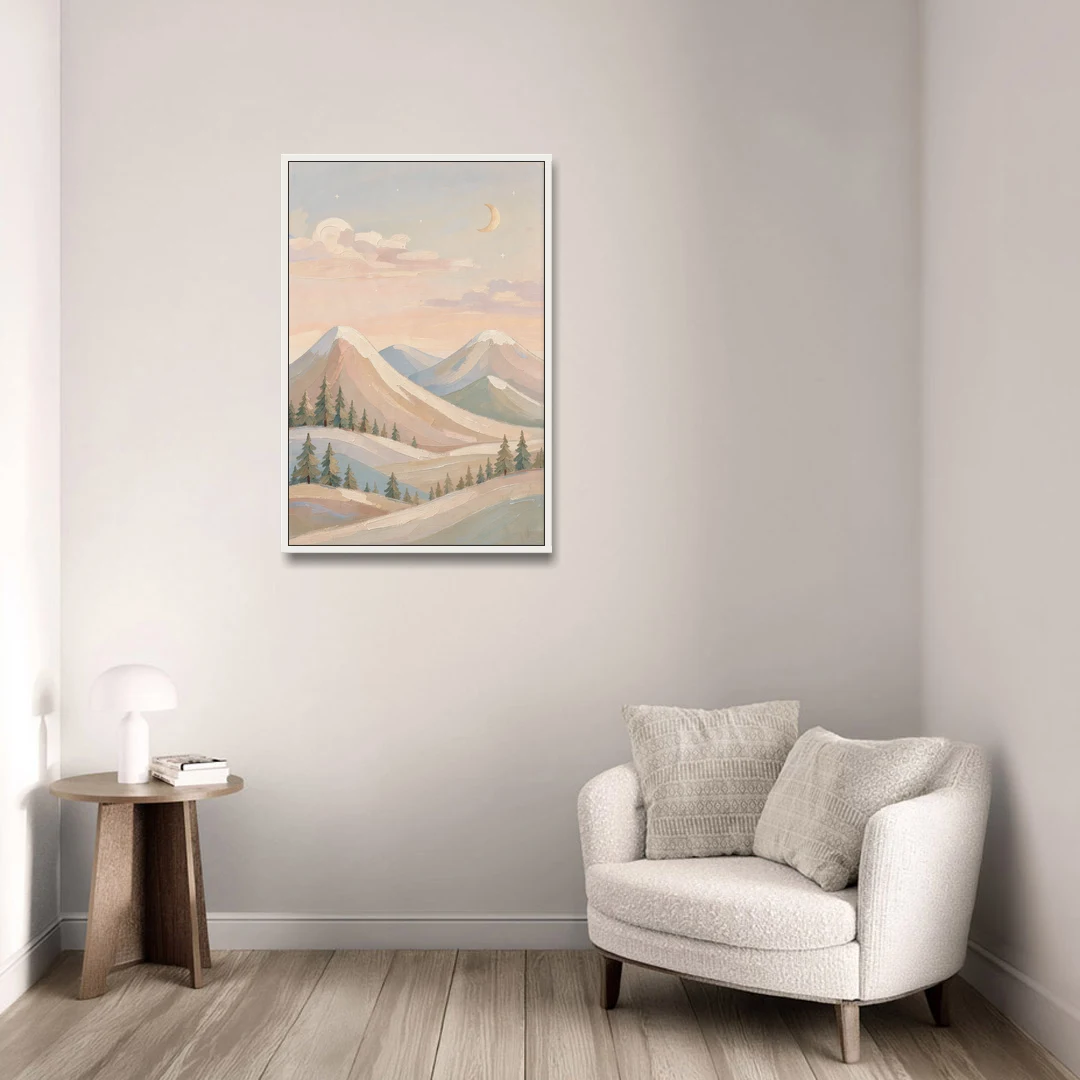 Crescent Moon Over Pastel Mountains for the Nursery - White Framed Canvas Wall Art - Sofa - 24x36