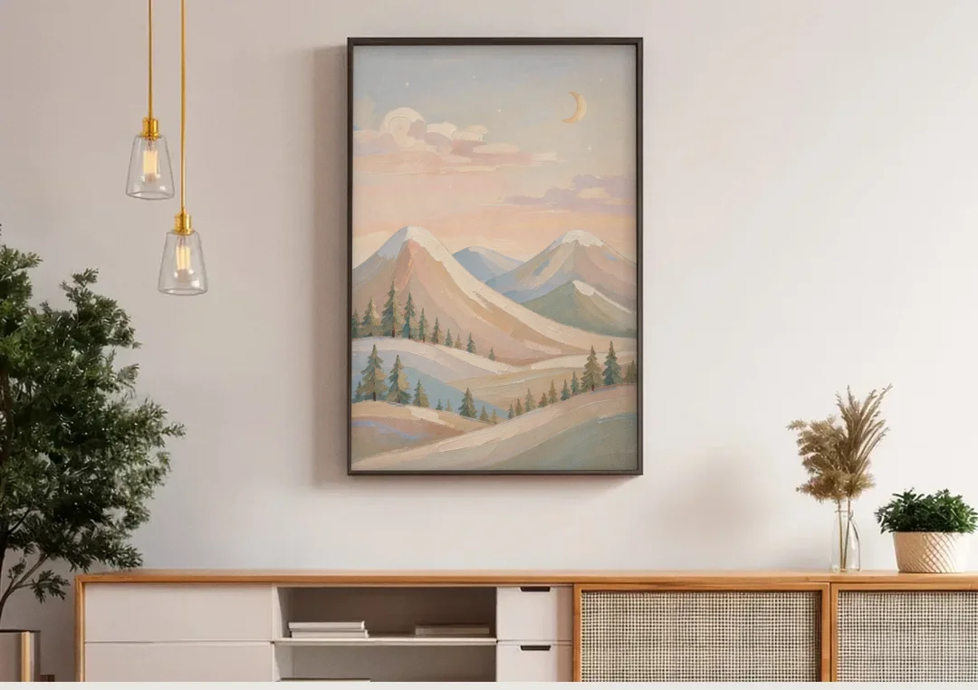Crescent Moon Over Pastel Mountains for the Nursery canvas wall art above a wooden sideboard under pendant lights