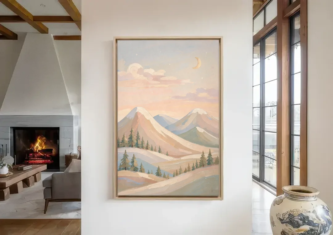 Crescent Moon Over Pastel Mountains for the Nursery canvas wall art in a living room with a fireplace