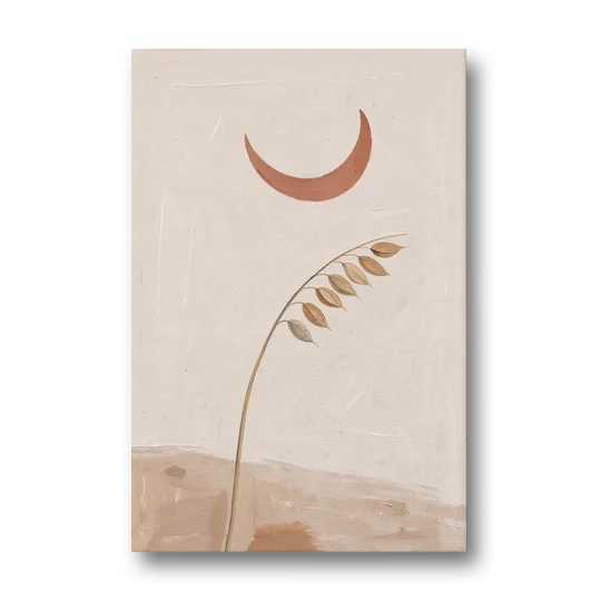 Crescent Moon Painting with a Bowing Grass Stem - Canvas Wall Art - Front