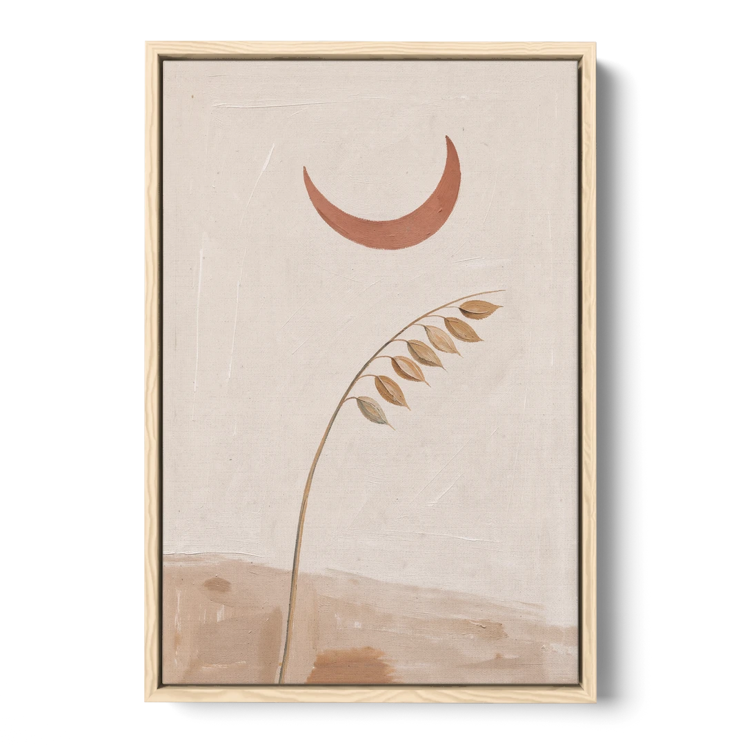Crescent Moon Painting with a Bowing Grass Stem - Oak Framed Canvas Wall Art - Front