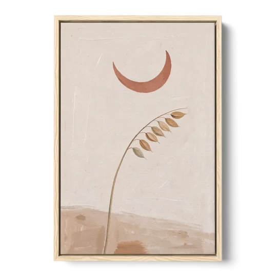 Crescent Moon Painting with a Bowing Grass Stem - Oak Framed Canvas Wall Art - Front