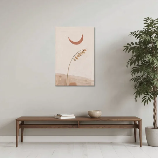 Crescent Moon Painting with a Bowing Grass Stem - Canvas Wall Art - Coffee Table - 24x36