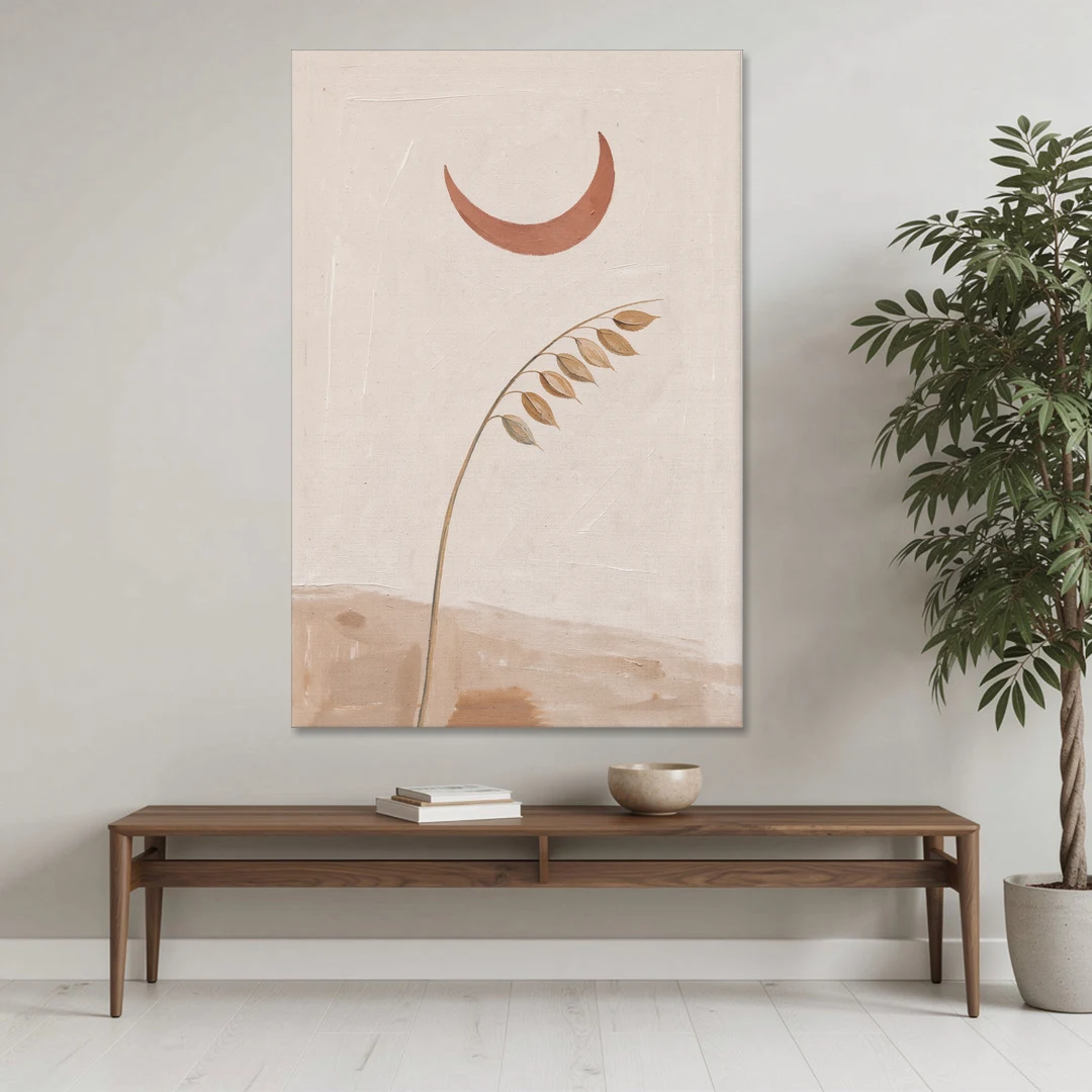 Crescent Moon Painting with a Bowing Grass Stem - Canvas Wall Art - Coffee Table - 40x60
