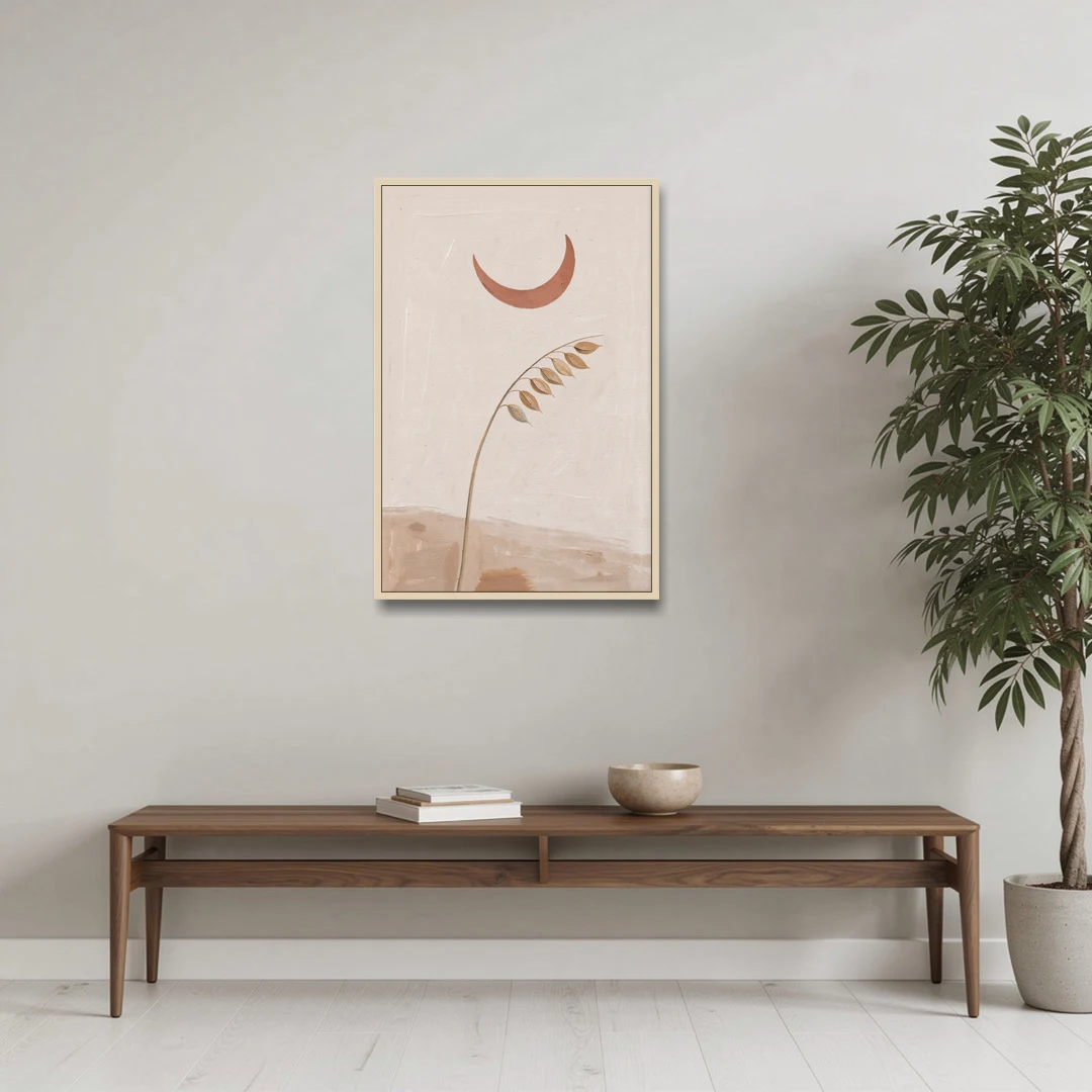 Crescent Moon Painting with a Bowing Grass Stem - Oak Framed Canvas Wall Art - Coffee Table - 24x36