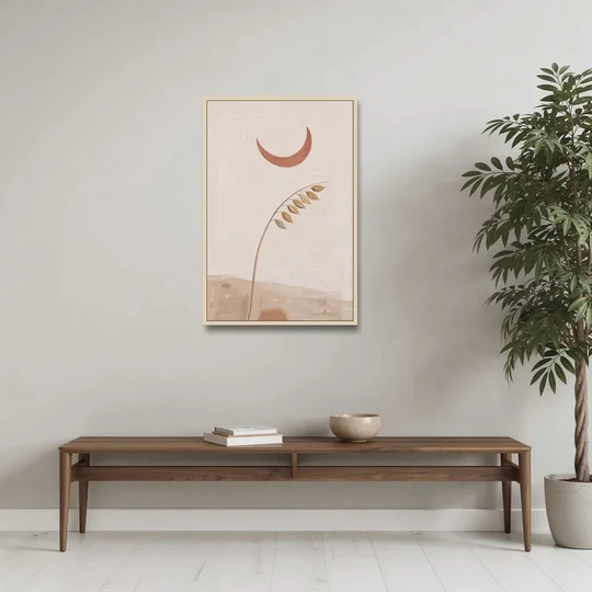 Crescent Moon Painting with a Bowing Grass Stem - Oak Framed Canvas Wall Art - Coffee Table - 24x36