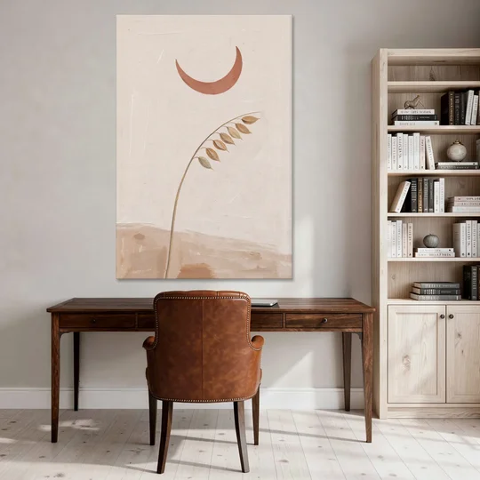 Crescent Moon Painting with a Bowing Grass Stem - Canvas Wall Art - Office - 40x60