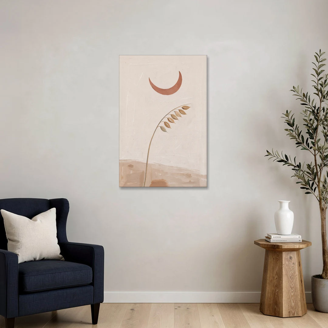 Crescent Moon Painting with a Bowing Grass Stem - Canvas Wall Art - Sofa - 24x36