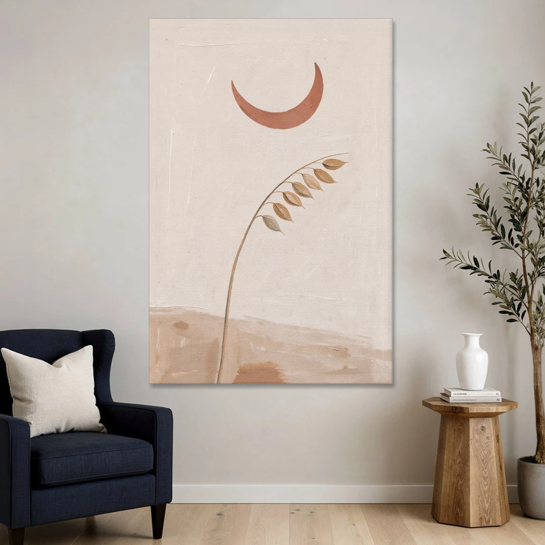 Crescent Moon Painting with a Bowing Grass Stem - Canvas Wall Art - Sofa - 40x60