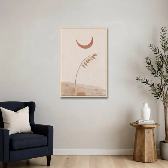 Crescent Moon Painting with a Bowing Grass Stem - Oak Framed Canvas Wall Art - Sofa - 24x36