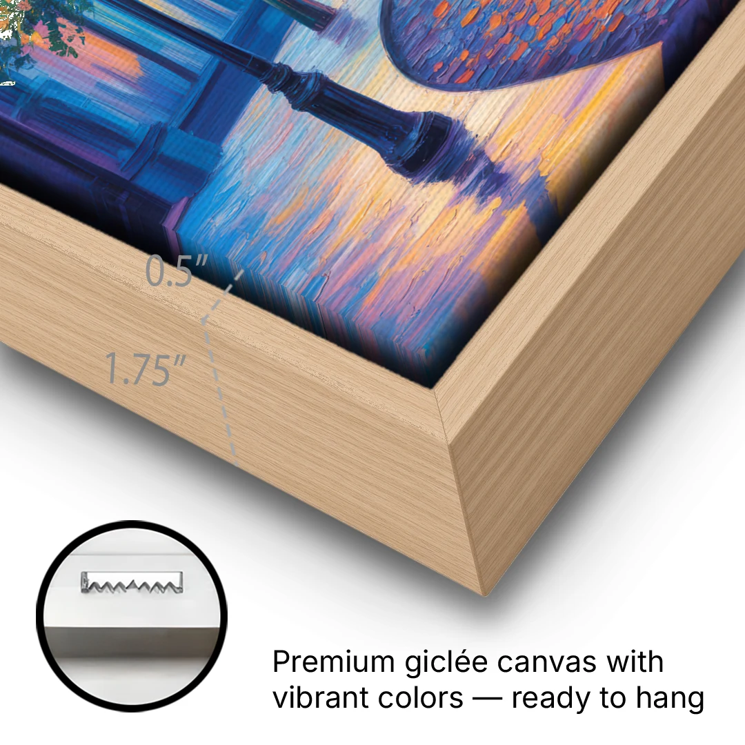 Crescent Street Lights - Oak Framed Canvas Wall Art - Gallery Wrap Corner
