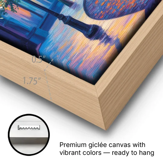 Crescent Street Lights - Oak Framed Canvas Wall Art - Gallery Wrap Corner