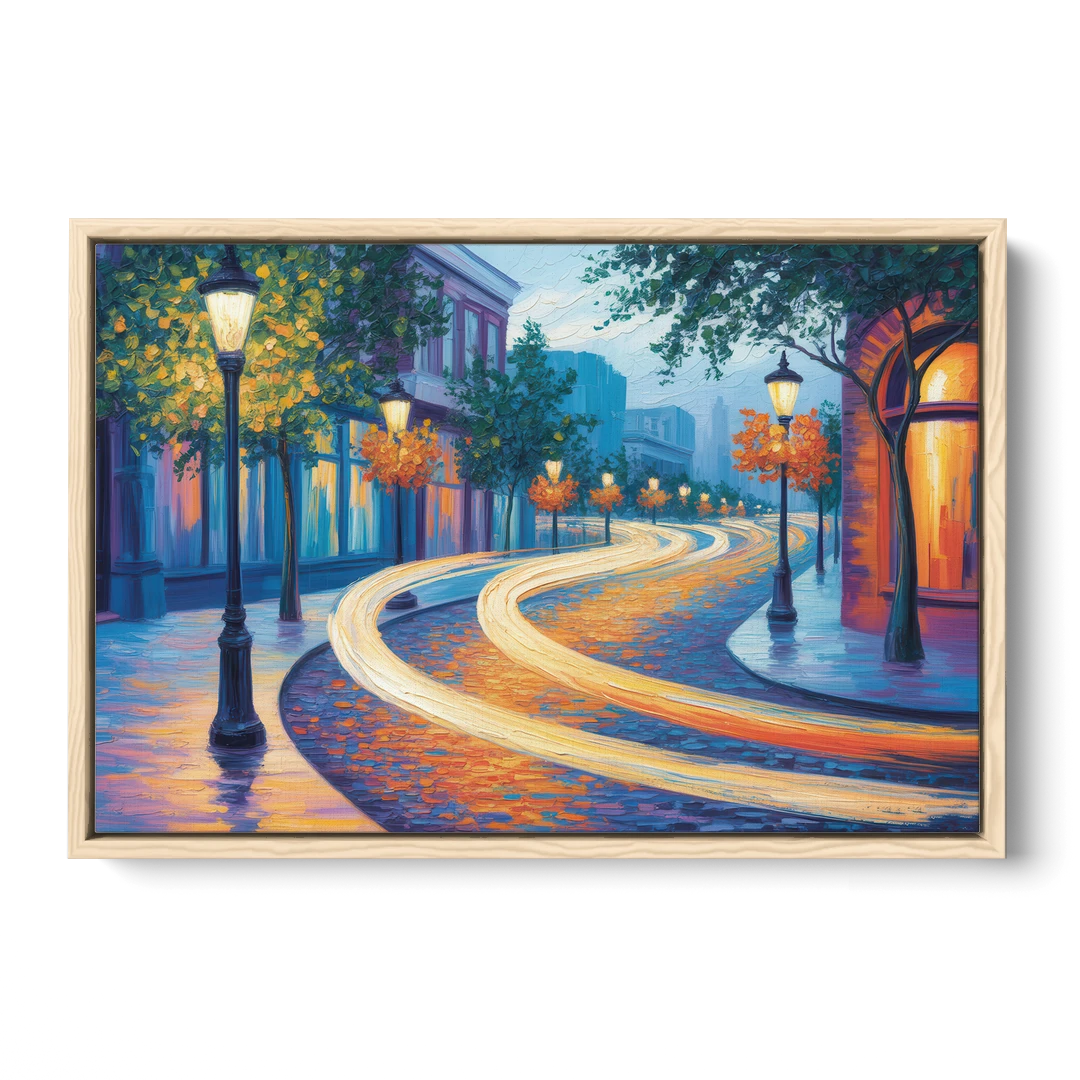 Crescent Street Lights - Oak Framed Canvas Wall Art - Front