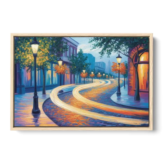 Crescent Street Lights - Oak Framed Canvas Wall Art - Front