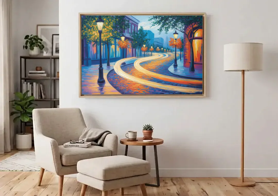 Crescent Street Lights canvas wall art above an armchair in a bright living room