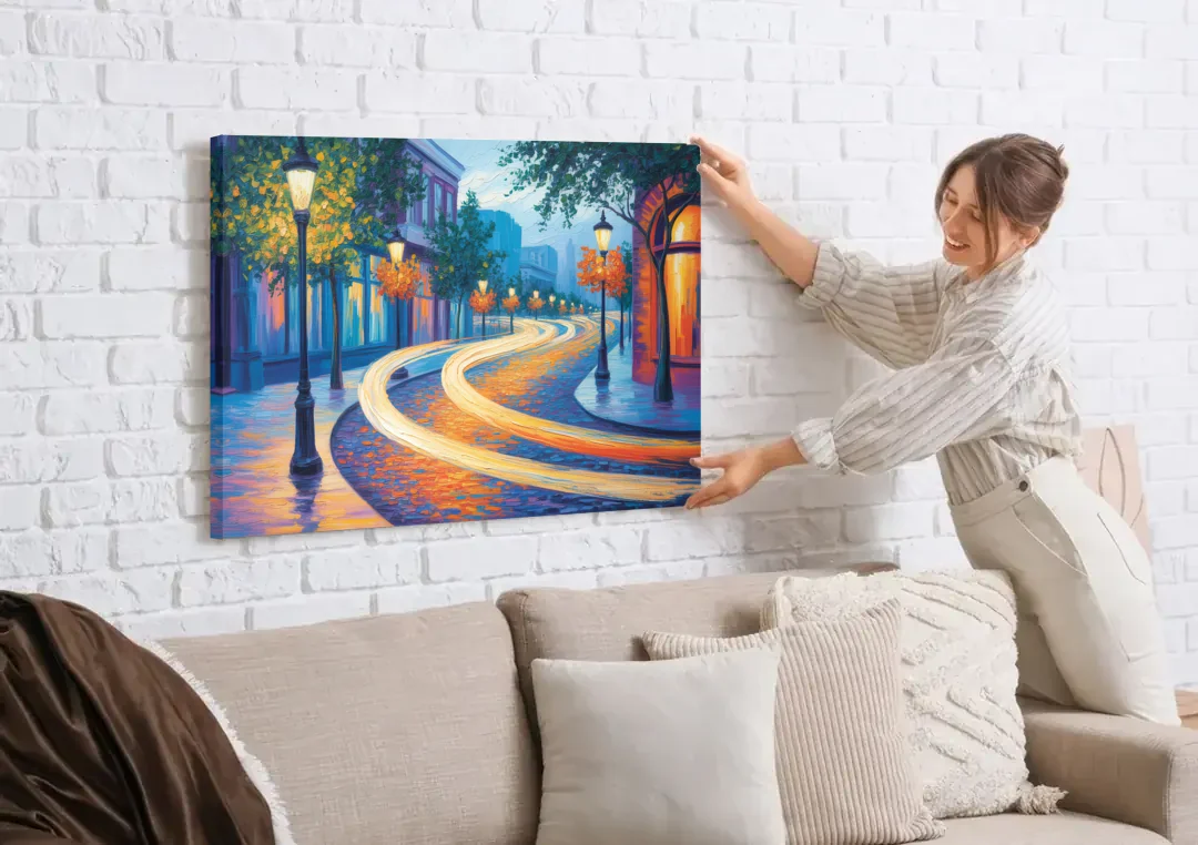 Crescent Street Lights canvas wall art being hung on a white brick wall above a sofa
