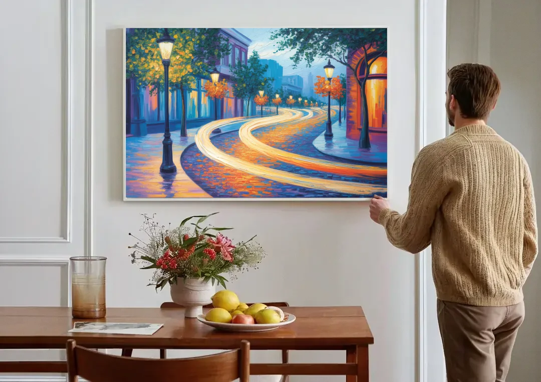 Crescent Street Lights canvas wall art above a dining table