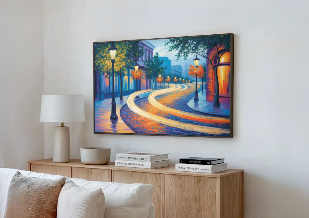 Crescent Street Lights canvas wall art above a wooden sideboard next to a sofa